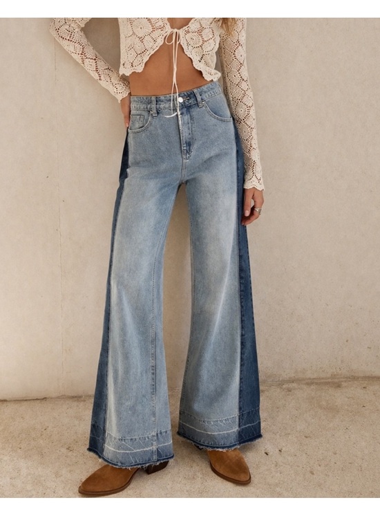 Denim - Wide Leg Two-Tone Light Blue Jeans for Women